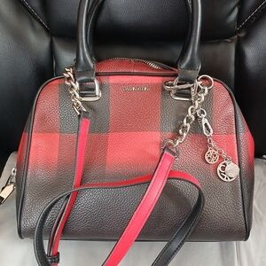 Calvin Klein Red and Black Checkered Satchel With Detachable Long Strap